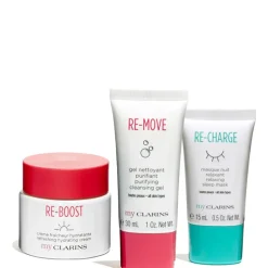 My Clarins - RE-BOOST Créme fraicheur Hydratante - Tutti i tipi di Pelle Confezione 50 ML Crema Viso + 15 ML Maschera Notte Viso + 30 ML Detergente Viso