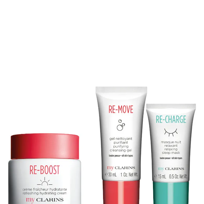 My Clarins - RE-BOOST Créme fraicheur Hydratante Tutti i tipi di Pelle Confezione 50 ML Crema Viso Giorno + 30 ML Gel Detergente Viso + 15 ML Maschera Viso Notte